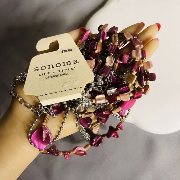 Sonoma Silver Tone Necklace Pink Shades Multi Layer Genuine Shell Stones - Picture 10 of 11